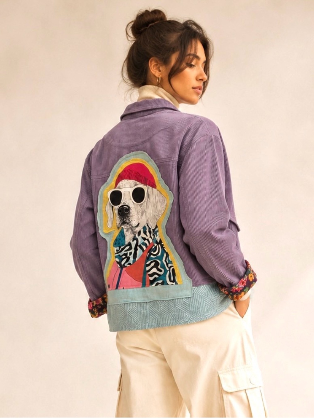 Upcycled Corduroy Velvet Dog Patchwork Jacket OOAK Boho Pop Art Lavender L XL
